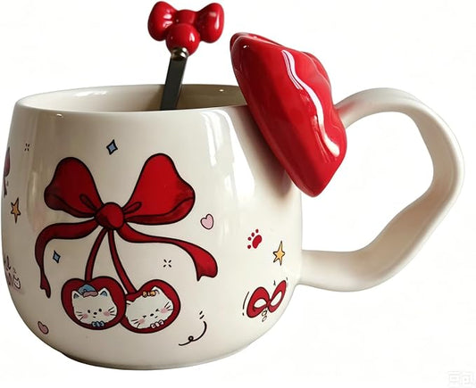 DTIUYIOP-Kawaii Red Bow Cherry Cat Ceramic Coffee Mug with 3D Red Bow and Bow Spoon, Large Curved Handle Cute Kitty Tea Cup, Coquette Aesthetic Gift for Women Girls Birthday Valentine’s Day Christmas by Unknown