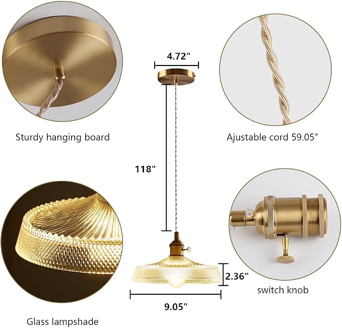 Sedelan Antique Pendant Light, Vintage Pendant Lighting, Glass Kitchen Pendant Lighting Over Island Hallway Bedroom Adjustable Hanging Light Fixture 59.05”, Copper E26, Switch Knob(Bulb Not Included) - Image 7