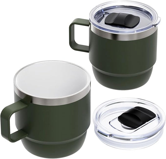 Zenbo 8 oz Stackable Coffee Mugs with Handle & Magnetic Sliding Lid, 2 Pack | Ceramic-Lined 18/8 Stainless Steel Espresso Cups, Double-Wall Vacuum Insulated Mini Tumblers, Dishwasher Safe, Sage Green by Zenbo