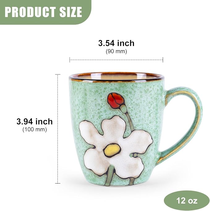 12oz Coffee Mugs Set of 4, Hand-Painted Floral Stoneware Cups with Handle, Dishwasher Microwave Oven Safe, Cappuccino Mugs for Latte, Tea, Espresso & Hot Cocoa, for Home Kitchen & Cafe, Green - Image 3