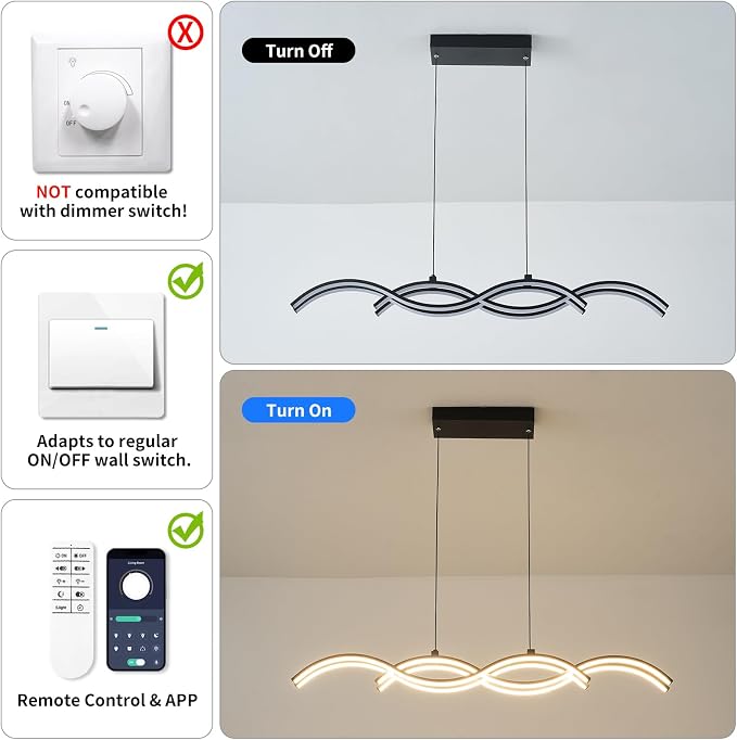 ORANOOR Modern LED Pendant Lights, Dimmable 39in Linear Wave LED Chandelier | Black Chandelier Dining Room Hanging Lighting Fixtures, Kitchen Island Linear Pendant Light for Dining Table, 4200lm Upgraded - Image 7