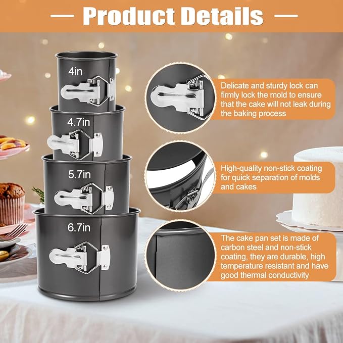 Springform Pan Set of 4,Heighten Non-stick Round Cake Pan Set with Removable Bottom,Includes 4 Pieces 4" 4.7" 5.7"6.7'',Leak-Proof Baking Pans - Image 3