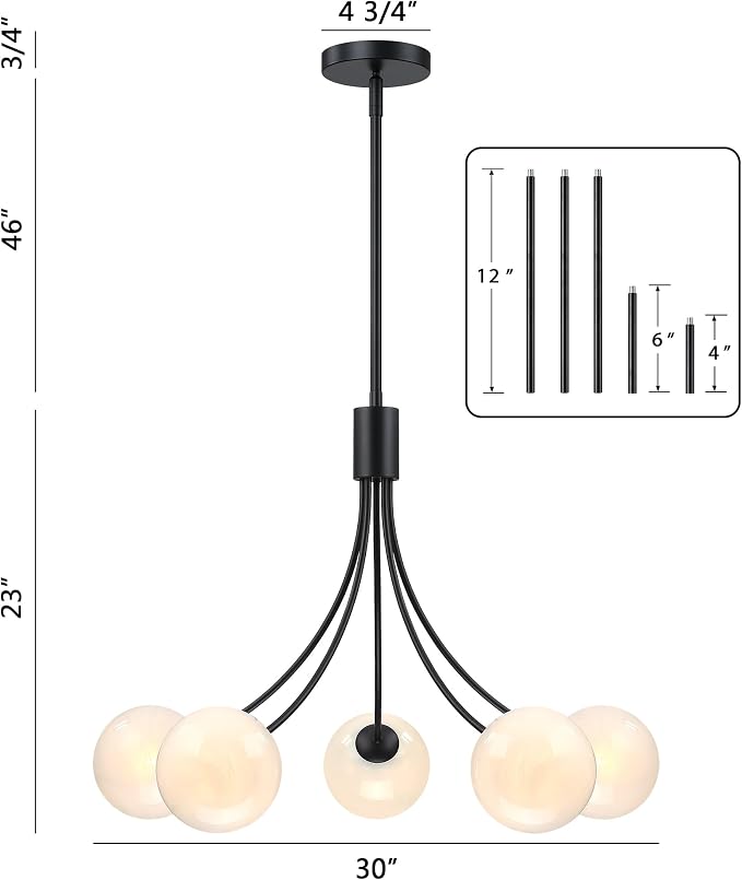 Bubble Chandelier, Modern Sputnik Dining Room 5-Light Chandelier with Black Finish and Glass Globes for Kitchen Bedroom Foyer and Living Room - Image 3