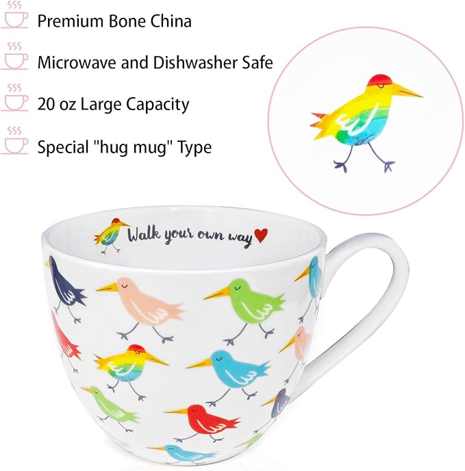Birds Mugs for Daily Coffee and Tea, Premium 20 oz Bone China Coffee Tea Hug Mug, Perfect Holiday, Birthday and Christmas Gift for Bird Lovers, Designed in England by Harvest Green Studio - Image 4