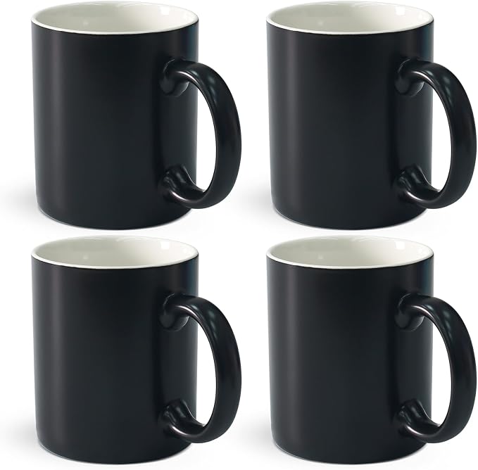 12 oz Cup Plain Gloss Black Ceramic Coffee Mug Set of 4 for Milk, Tea, Glazed Porcelain Cups with handle for Home Office, Dishwasher & Microwave Safe by Momugs