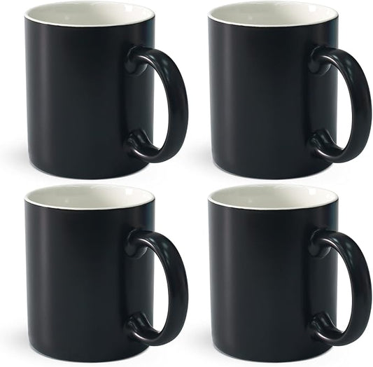 12 oz Cup Plain Gloss Black Ceramic Coffee Mug Set of 4 for Milk, Tea, Glazed Porcelain Cups with handle for Home Office, Dishwasher & Microwave Safe by Momugs