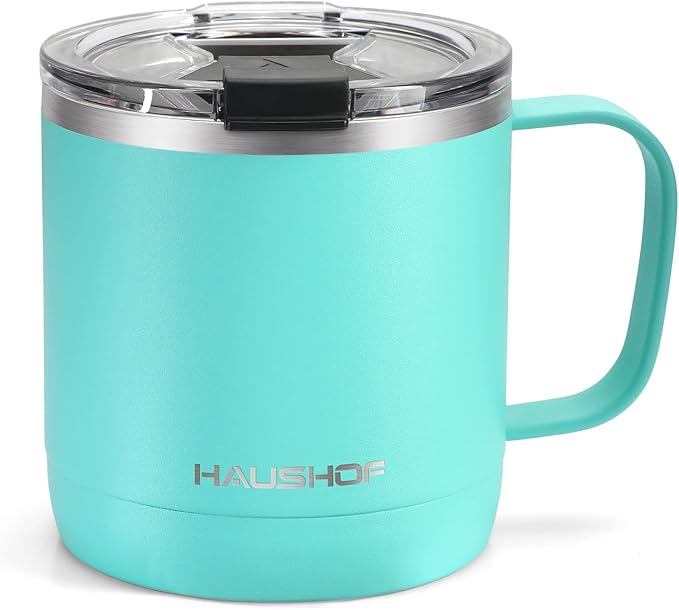 HAUSHOF 14 oz Coffee Mug, Insulated Coffee Mug with Handle, Travel Camping Cup, Portable Stainless Steel Coffee Cup, Insulated Coffee Cups with Lid, Lake Blue by HAUSHOF