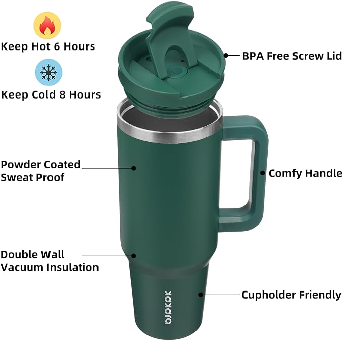 BJPKPK 40 oz Insulated Tumbler with Handle & Straw, Stainless Steel | Double Wall Vacuum Insulation, Leak Proof, BPA Free, Dishwasher Safe, Cupholder Friendly, Travel & Outdoor, Army Green - Image 2
