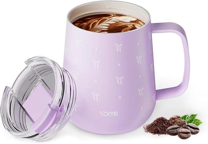 YOME 10oz Bow Light Purple Insulated Coffee Mug with Handle for Women | Ceramic Lined Coffee Mug with Splash-Resistant Lid| Pure Taste Stainless Steel Coffee Cup | Easy to Clean | Keeps Drinks Cold by KEEPCOOLSTAYYOU