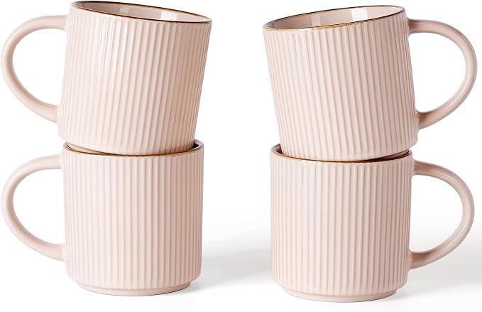 famiware Star Coffee Mug Set for 4, Handcrafted 12 oz Ceramic Stoneware Mugs Cup Set, Chip-Resistant & Stackable, Dishwasher/Microwave Safe, Light Pink by Famiware