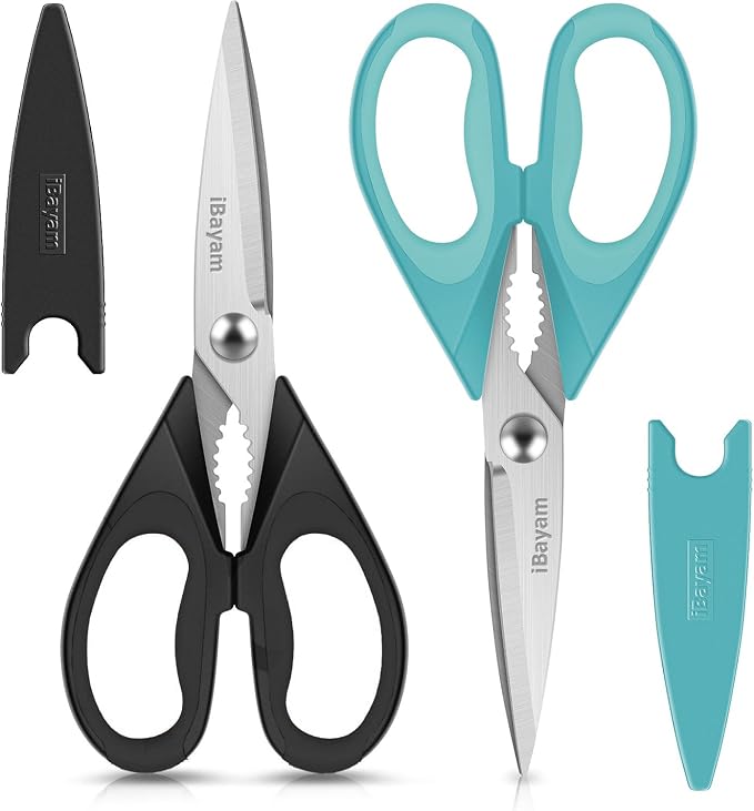 Small Kitchen Scissors 8-inch, iBayam 2 Pack Kitchen Shears All Purpose | Meat Scissors Poultry Shears, Dishwasher Safe Food Cooking Scissors Heavy Duty Stainless Steel Utility (Black, Aqua Sky) by iBayamDirect