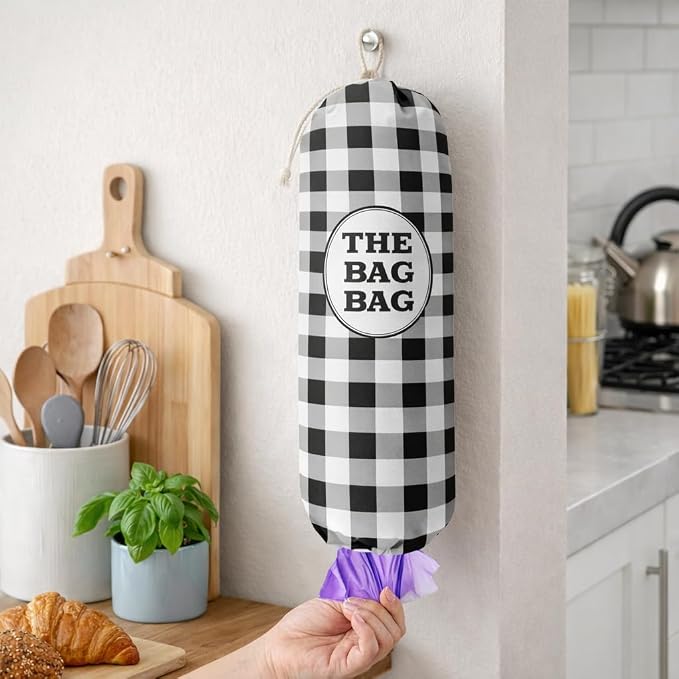 THE BAG BAG Plastic Bag Holder, Black and White Buffalo Check Plaid Grocery Bag Dispenser, Hanging Trash Bag Storage Organizer for Kitchen, Laundry Room, Pantry, Farmhouse Decor, Gifts For Grandma Mom - Image 3
