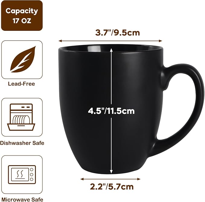 16 OZ Black Stoneware Coffee Mugs Set of 6 | Large Ceramic Coffee Cups with Handle, Porcelain Coffee Mugs Sets for Latte, Milk, Tea and Juice - Image 2