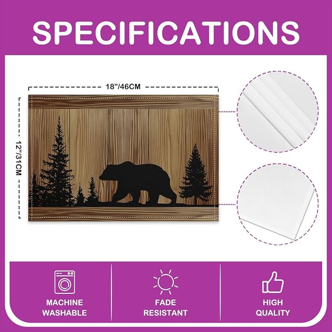 Feelyou Rustic Cabin Placemats Set of 4 12x18 Inch Camo Hunting Bear Table Mats for Party Kitchen Dining Decoration Holiday Seasonal Farmhouse Woodland Animal Place Mat for Dinner Table Indoor Outdoor - Image 4