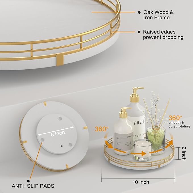 Oroyutor 10-Inch White Wooden Lazy Susan Spice Organizer with Gold Rail | Rotating oak tray organizes spices, toiletries and decor on kitchen counters, bathroom vanities, dining and coffee tables. - Image 5