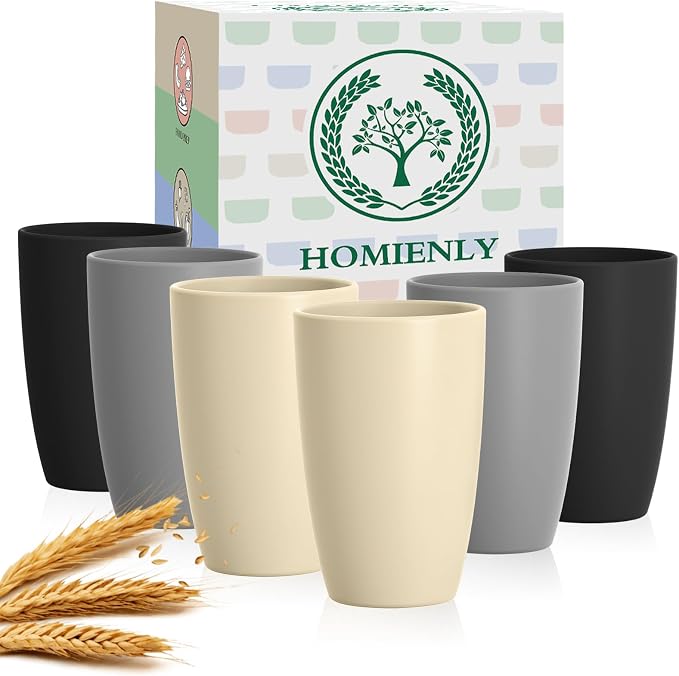 Homienly Premium Wheat Straw Cups, 20oz Lightweight and Unbreakable Drinking Cups Set of 6, Reusable Water Glasses Microwave and Dishwasher Safe Cup Set for Coffee, Milk, Juice - GreyStone by HOMIENLY