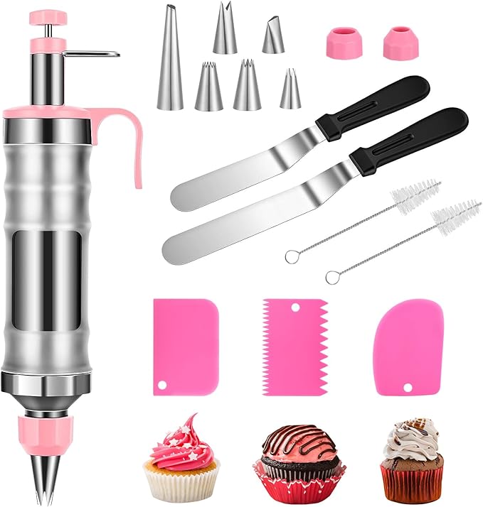 Icing Decoration Gun Set, Stainless Steel Dessert Decorating Syringe Set, Cupcake Frosting Filling Injector with 6 Icing Nozzles, 3 Cream Scraper, 2 Offset Spatula, 2 Nozzle Brush for Kitchen Baking