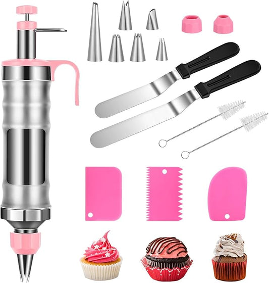 Icing Decoration Gun Set, Stainless Steel Dessert Decorating Syringe Set, Cupcake Frosting Filling Injector with 6 Icing Nozzles, 3 Cream Scraper, 2 Offset Spatula, 2 Nozzle Brush for Kitchen Baking