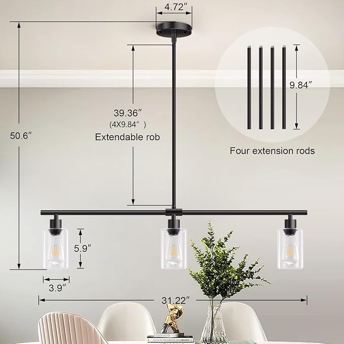 Kitchen Island Lighting, 3 Lights Linear Chandeliers Rectangle Pendant Light Fixtures for Dining Room Farmhouse Hanging Light with Glass Shades(Black) - Image 3