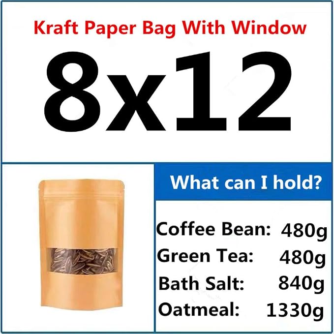 Brown Kraft Heat Sealable Stand Up food Pouches Paper Mylar Bags With Clear Window And Zip Lock,Heavy Duty Decorative Resealable For DIY Homemade Chips Favor Candy Cookies Christmas (50pcs 8x12+4inch) - Image 2