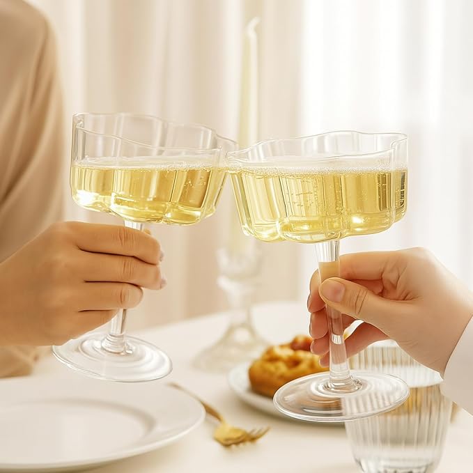 Khen Vintage Wavy Glass Coupes Martini, Champagne & Cocktail Coupes - Set of 2-7oz Colorful Cocktail Glasses & Champagne, Prosecco, Mimosa Glassware Copyright Design - Crystal Clear - Image 8