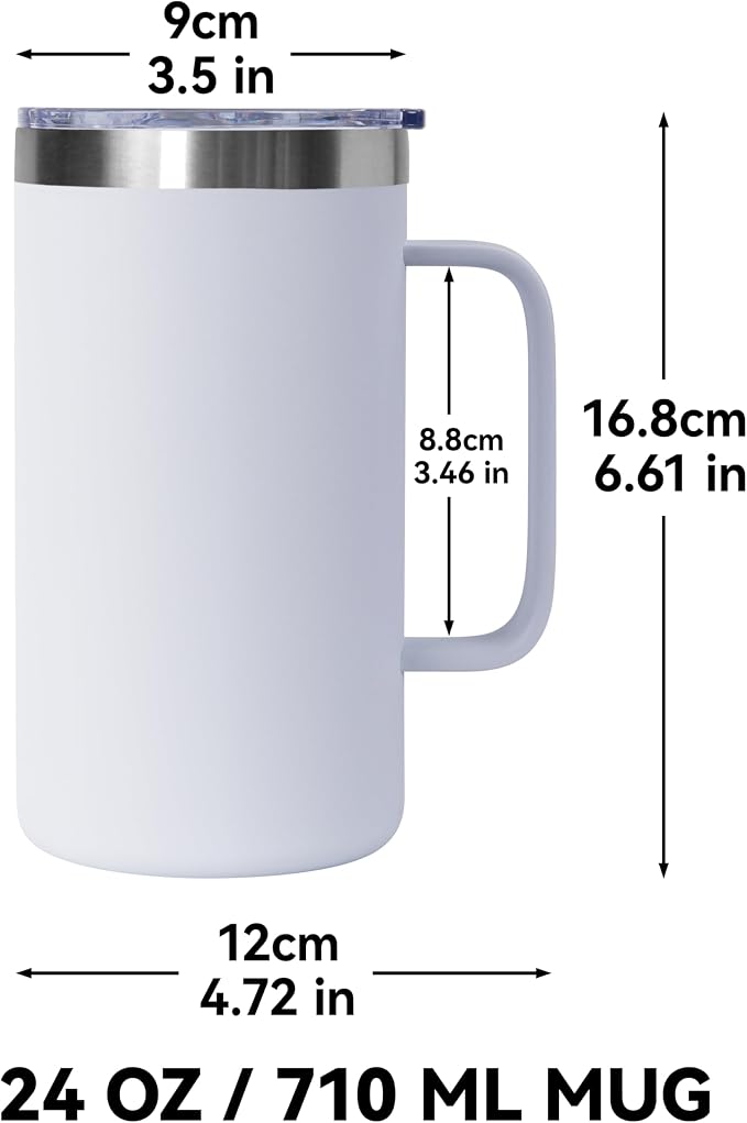 DOMICARE 24oz Mug with Handle and Lid, Stainless Steel Coffee Mug, Reusable Insulated Cup, Travel Mug with Handle, Double Wall Vacuum Coffee Tumbler for Men and Women, White, Pack 1 - Image 4