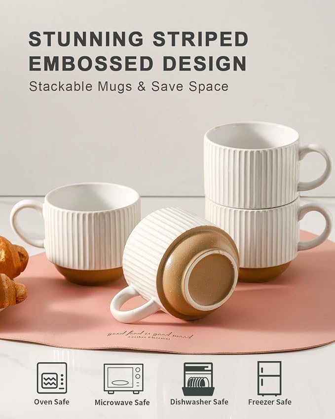 HASENSE 15 oz Ribbed Stackable Ceramic Coffee Mug Set of 4, White & Light Brown Cups with Metal Holder, Dishwasher & Microwave Safe for Cappuccino Tea Hot Cocoa, Wedding Housewarming Gifts - Image 5
