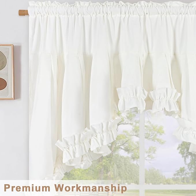 Likiyol Linen Valances for Windows Farmhouse Ruffle Swag Valance Rustic Country Window Valances Light Filtering Kitchen Curtains Rod Pocket Valance Curtains for Bathroom Cafe, White, 60" W x 36" L - Image 5