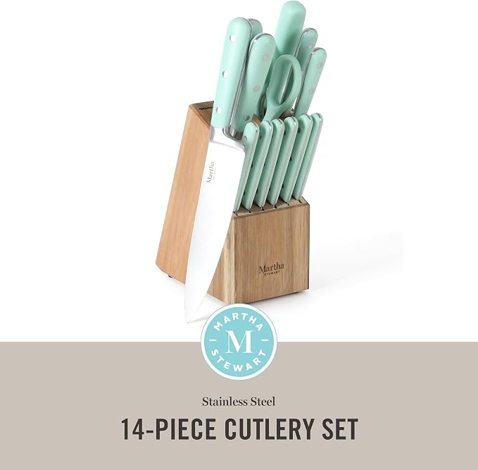 MARTHA STEWART Eastwalk 14 Piece High Carbon Stainless Steel Cutlery Knife Block Set w/ABS Triple Riveted Forged Handle Acacia Wood Block - Martha Blue - Image 2