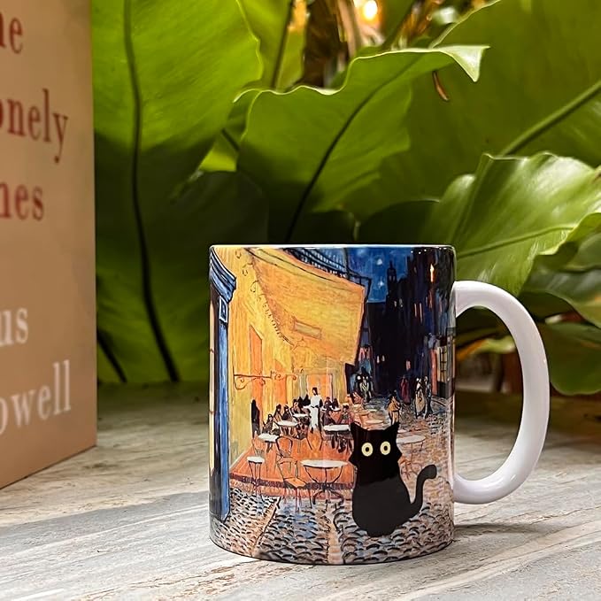 Famous Art Paintings Funny Cat Coffee Mug for Artist Art Lover Teacher Cat Lovers, Famous Picture Classic Vincent Aesthetic Canvas Mug Birthday Gift for Women Man (Terrace at Night) - Image 4