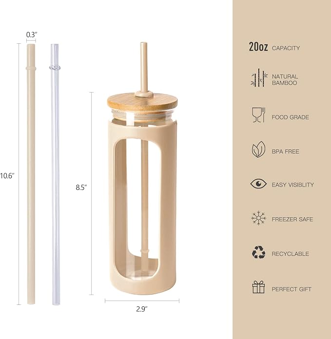 Kodrine 20oz Glass Tumbler with Straw and Lid, Iced Coffee Cups with Bamboo Lids, Glass Cups for Cold Drinks, Smoothie Cup with Silicone Sleeve for Travel, Work, BPA FREE-Oatmeal
