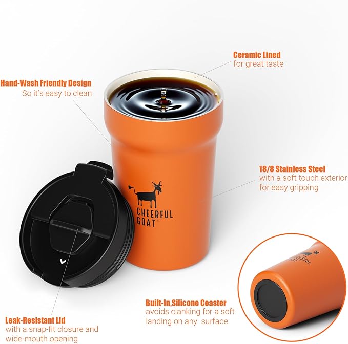 CHEERFUL GOAT Insulated Coffee Mug – Stainless Steel Travel Coffee Tumbler with Ceramic Liner, 12oz Coffee Cup for Hot and Cold Water Coffee at Home, Office, or On the Go (orange) - Image 8