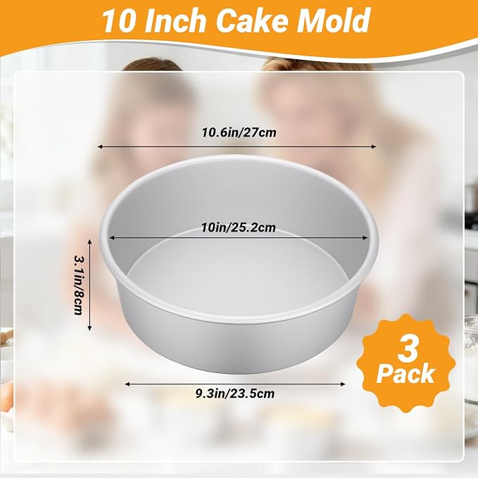Beasea 10 Inch Cake Pans Set of 3, Large Aluminum Alloy Round Cake Pans for Baking, Layered Cakes Tin Mold for Wedding Birthday Party - Fixed Bottom - Image 2