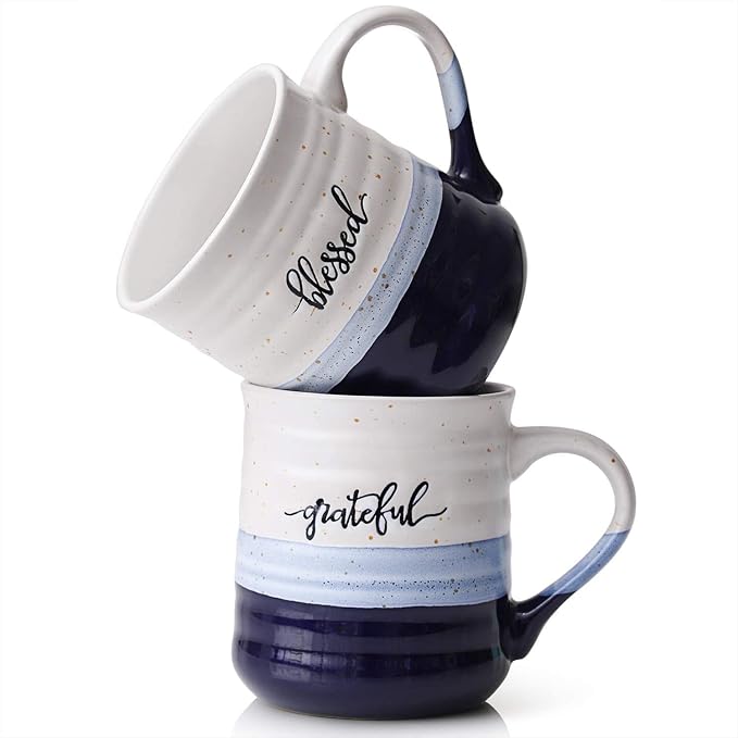 DOWAN 20 oz Coffee Mugs, Large Mugs with Word Blessed Grateful, Porcelain Coffee Cup, Thank You Gifts for Mom Dad, Set of 2 by DOWAN