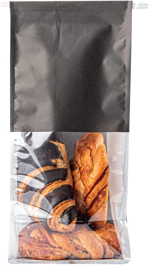 Bag Tek 5.1 x 4.1 x 11.2 Inch Tin Tie Bags With Windows, 100 Resealable Bakery Bags With Windows - Flat Bottom, For Cookies or Coffee Beans, Black Cotton Paper Tin Tie Bags - Restaurantware - Image 10