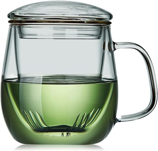 Glass Tea Cup with Infuser and Lid, 17.6oz/520ml Large Borosilicate Teacup, Clear Mug for Loose Leaf Tea, Blooming Tea, Tea Bags - Perfect Christmas or Birthday Gift for Men
