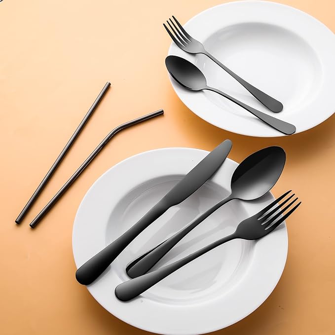 84 Pieces Black Silverware Set Service for 12 Flatware Set with Straws Stainless Steel Utensils Cutlery Set Dishwasher Safe - Image 5