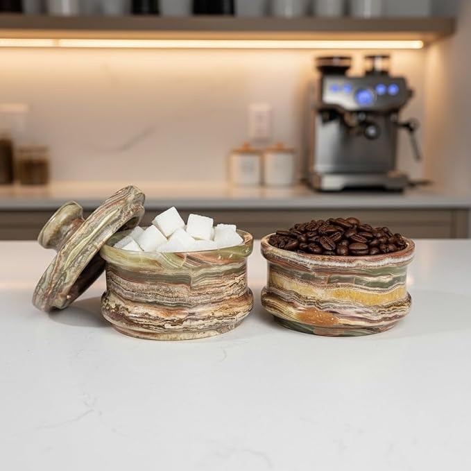 Onyx Dual Candy Set - Natural Marble Stackable Jars with Lid | Luxury Kitchen Storage Containers for Sugar, Spices, Nuts & Snacks | Handmade Desk & Countertop - Image 4