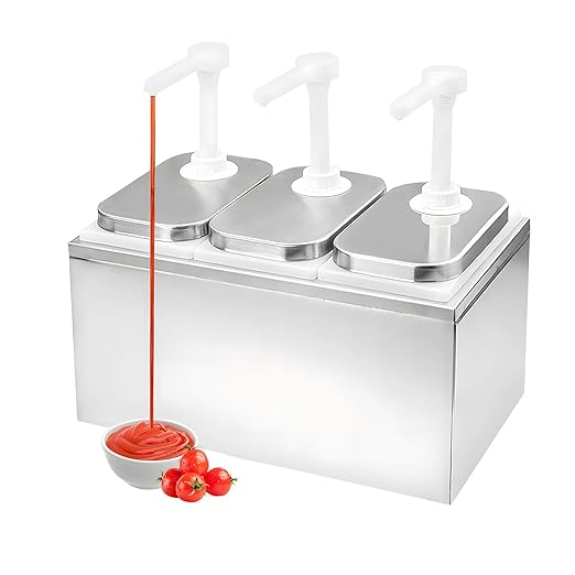 Sauce Dispenser Pump, 6L Stainless Steel Condiment Pump Dispenser, Condiment Pump Station with 3 Jars, Large Three Head Ketchup Dispenser