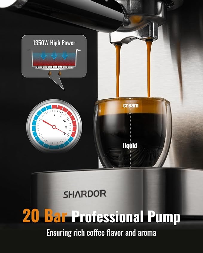 SHARDOR Espresso Machine 20 Bar, Professional Espresso Machine with Milk Frother and Touchscreen, Expresso Coffee Machines with Adjustable Temperature,for Cappuccino, Latte, Stainless Steel, Silver - Image 2