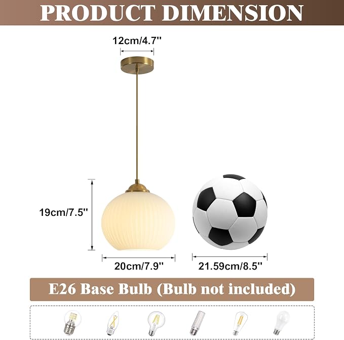 KCO Lighting Modern Brass Gold Globe 7.9” Ribbed Milk Glass Pendant Light | Small E26 Adjustable Cord Hanging Lamp, Mid Century Vintage Ceiling Light Fixture for Kitchen Island Dining Room Bedroom Bar - Image 2