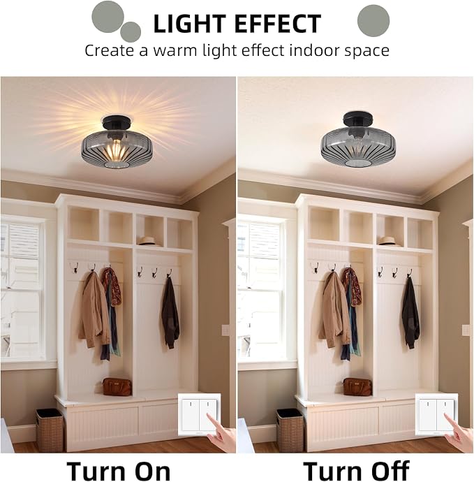 Semi Flush Mount Ceiling Light, 11.8 Inch Smoke Grey Glass Ceiling Light Fixture, Farmhouse Hallway Lighting Fixtures for Kitchen, Foyer, Bedroom, Bathroom, Dining room, E26 Base (Bulb Not Included) - Image 5