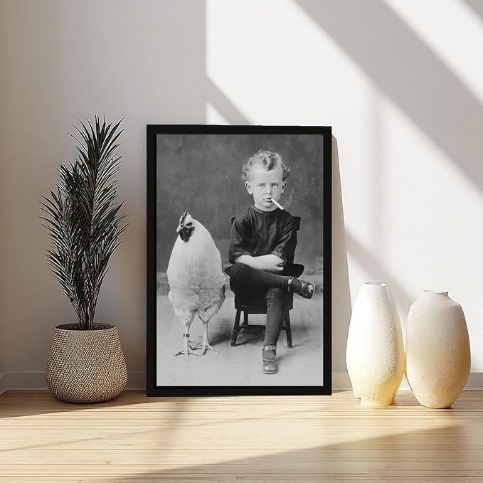 UXCBIA Smoking Boy And Chicken, Black And White, Vintage Oddities Poster Canvas Poster Bedroom Decor Sports Landscape Office Room Decor Gift Black Frame 08x12in(20x30cm) - Image 6