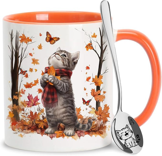 Hyturtle Fall Cat Maple Leaves Coffee Mug with Spoon Gifts on Birthday | Fall Autumn Decor Thanksgiving Gift, Cute Autumn Mug, Durable 11oz ceramic mug, Vivid double-sided print, Comfort grip handle by Hyturtle