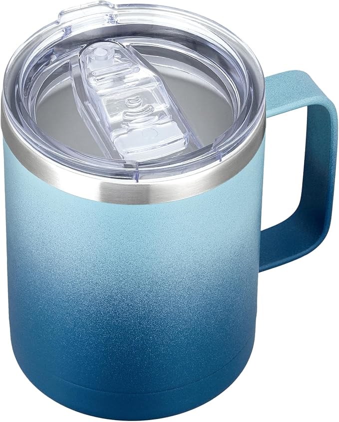 MEWAY 12oz Coffee Mug With Handle and Sliding Lid,Stainless Steel Travel Tumbler Cup with Handle,Double Wall Vacuum Insulated Camping Cup for Hot & Cold Drinks Tea (Blue Waves,Set of 1) by MEWAY