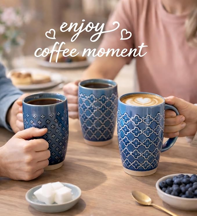 GBhome 20oz Large Coffee Mugs Set of 6, Handmade Tall Ceramic Coffee Mugs with Texture Patterns for Cappuccino, Latte,Hot Cocoa, Dishwasher & Microwave Safe-Moonlight Blue - Image 7