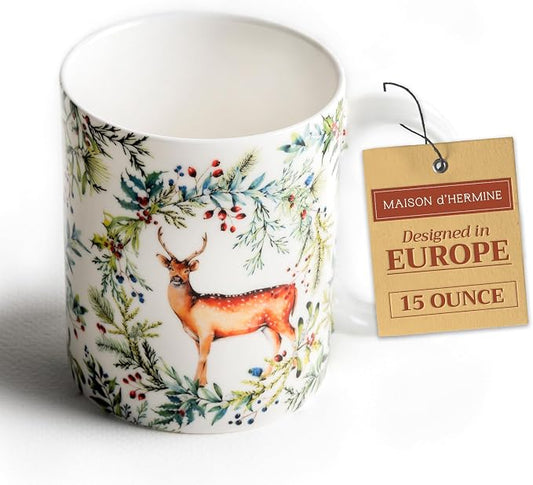 Maison d' Hermine Coffee Mug with Handles Tea Cups (15 Ounce, Pack of 1) | Fine Bone China Coffee Mugs for Hot Beverages Cappuccino Latte Home Restaurant Hotel Spring Summer -Holly Time - Biche by MaisondHermine