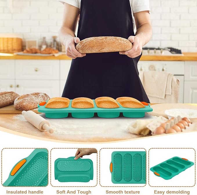 Silicone Bread Loaf Pan, 4-cavity Non-Stick Baguette Bread Pan Heat Resistant Hot Dog Bun Mold, for Sub Roll Baking Pan Bread Pans for Homemade Bread（Dark Green）