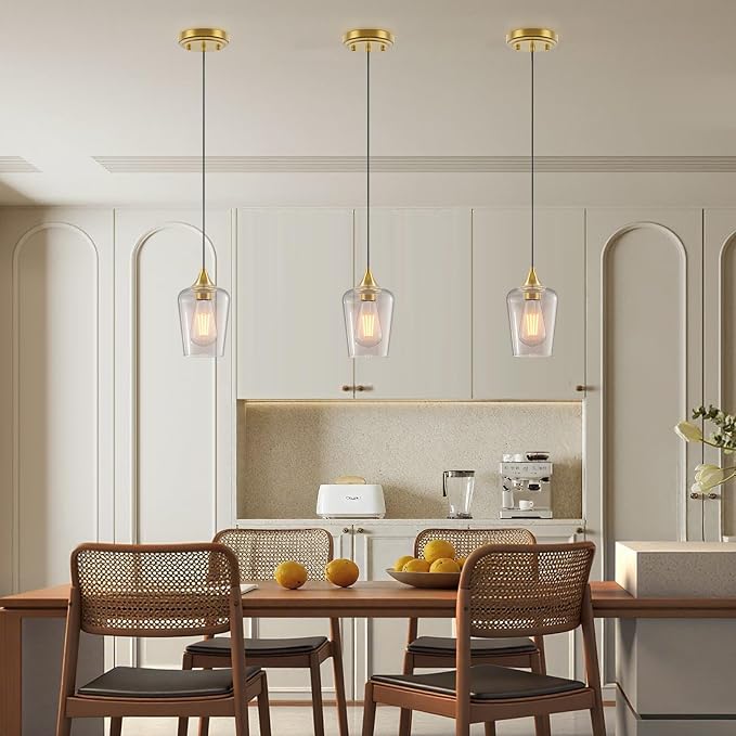 Ralbay Farmhouse Brushed Gold Pendant Light 3-Pack, Pendant Light Fixtures with Wine Clear Glass Shade, Kitchen Island Lighting for Dining Room, Rustic Adjustable Hanging Lighting Fixture - Image 4