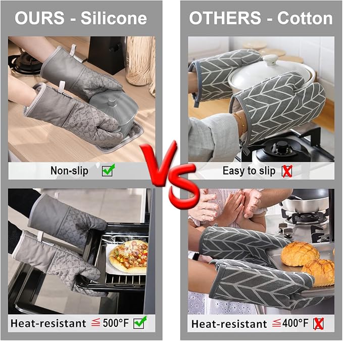 KEGOUU Oven Mitts and Pot Holders 6pcs Set, Kitchen Oven Glove High Heat Resistant 500 Degree Extra Long Oven Mitts and Potholder with Non-Slip Silicone Surface for Cooking (Grey) - Image 4